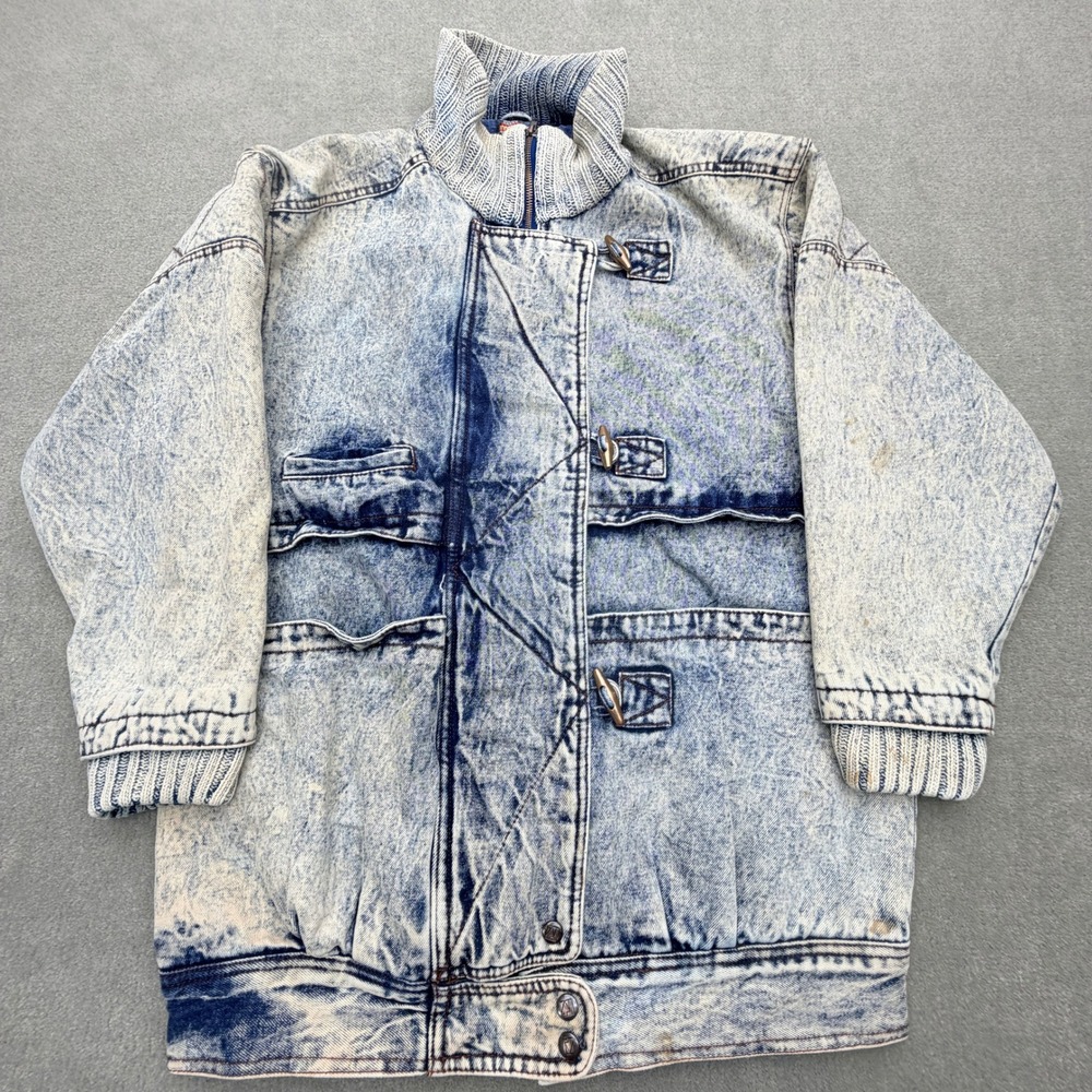 Andy Johns Vtg Mens Medium Acid Wash Denim Jacket Toggle Snap Blue Flannel Lined